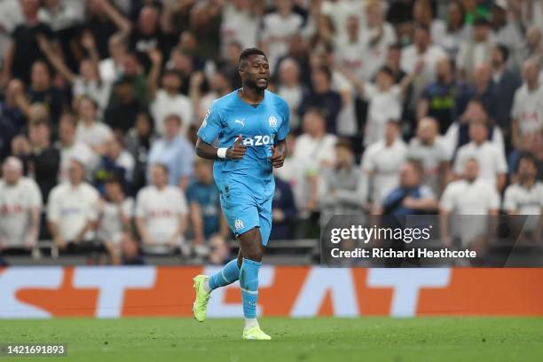 Chancel Mbemba of Marseille leaves the pitch after being sent off during the UEFA Champions League group D match between Tottenham Hotspur and...