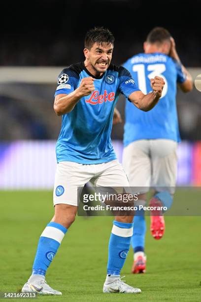 Giovanni Simeone of SSC Napoli celebrates after scoring their team's third goal during the UEFA Champions League group A match between SSC Napoli and...