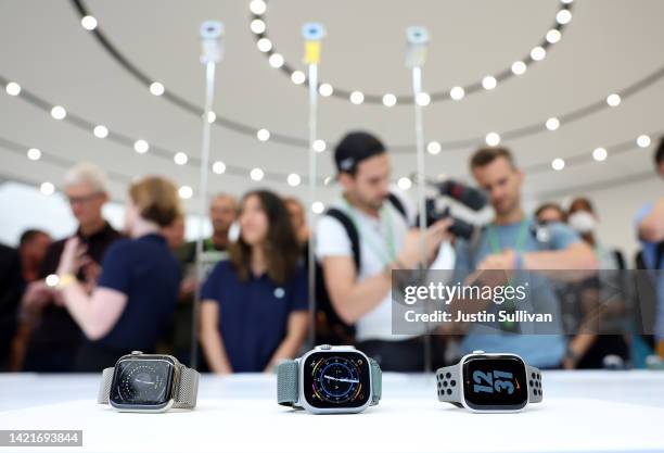 New Apple Watch 8, Apple Watch Ultra and Apple Watch SE are displayed during an Apple special event on September 07, 2022 in Cupertino, California....