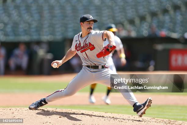 Spencer Strider of the Atlanta Braves pitches against the Oakland Athletics in the bottom of the first inning at RingCentral Coliseum on September...