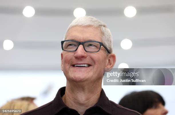 Apple CEO Tim Cook looks on during an Apple special event on September 07, 2022 in Cupertino, California. Apple unveiled the new iPhone 14 as well as...