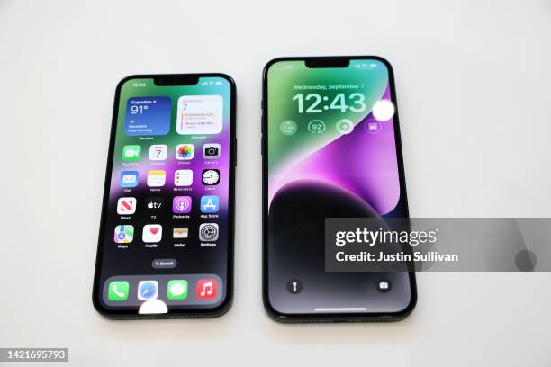 View of the new iPhone 14 and iPhone 14 Plus are displayed during an Apple special event on September 07, 2022 in Cupertino, California. Apple...