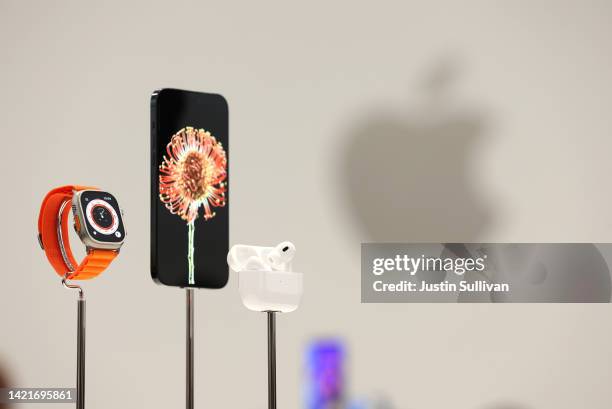 The new Apple Watch Ultra, iPhone 14 and AirPods Pro are displayed during an Apple special event on September 07, 2022 in Cupertino, California....