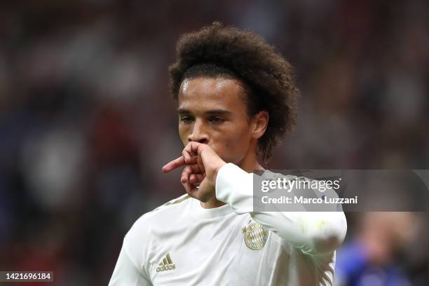 Leroy Sane of Bayern Munich celebrates their sides second goal, an own goal scored by Danilo D'Ambrosio of FC Internazionale during the UEFA...