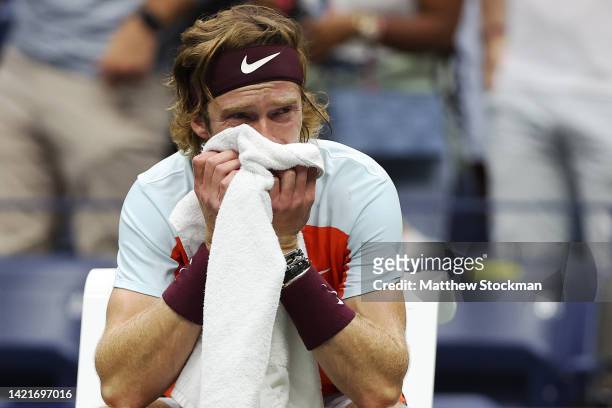Andrey Rublev reacts during a changeover against Frances Tiafoe of the United States during their Men’s Singles Quarterfinal match on Day Ten of the...