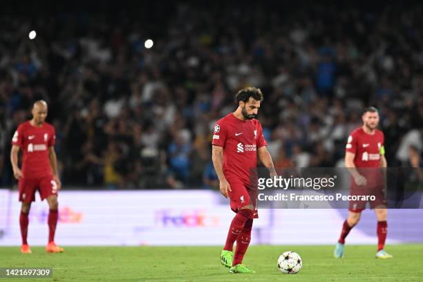 Mohamed Salah of Liverpool looks dejected after Piotr Zielinski of SSC Napoli scores their team's fourth goal during the UEFA Champions League group...