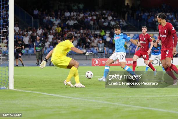 Giovanni Simeone of SSC Napoli scores their team's third goal during the UEFA Champions League group A match between SSC Napoli and Liverpool FC at...
