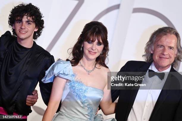 Jack Dylan Grazer, Zooey Deschanel and Bill Pohlad attend the "Dreamin' Wild" red carpet at the 79th Venice International Film Festival on September...