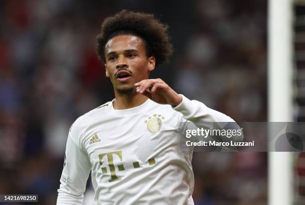 Leroy Sane of Bayern Munich celebrates their sides second goal, an own goal scored by Danilo D'Ambrosio of FC Internazionale during the UEFA...