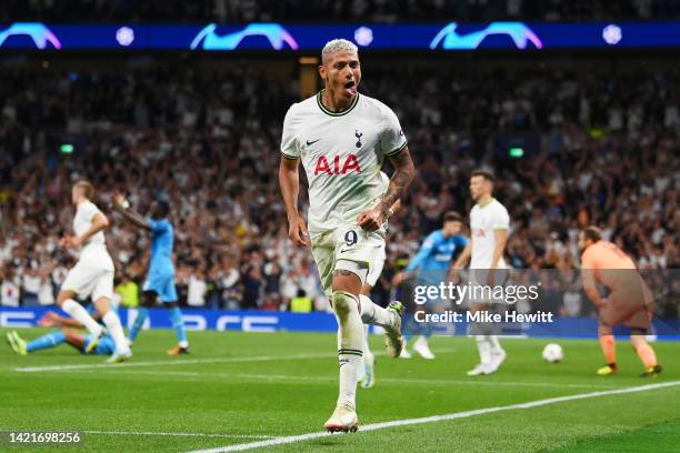 Richarlison of Tottenham Hotspur celebrates after scoring their team's second goal during the UEFA Champions League group D match between Tottenham...