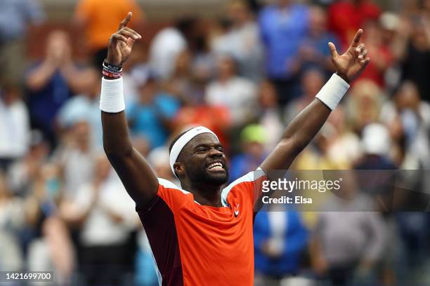 Frances Tiafoe of the United States celebrates after defeating Andrey Rublev during their Men’s Singles Quarterfinal match on Day Ten of the 2022 US...