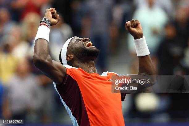 Frances Tiafoe of the United States celebrates after defeating Andrey Rublev during their Men’s Singles Quarterfinal match on Day Ten of the 2022 US...