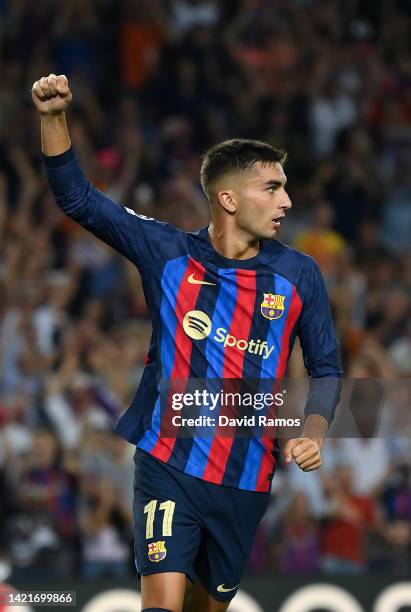 Ferran Torres of FC Barcelona celebrates after scoring their team's fifth goal during the UEFA Champions League group C match between FC Barcelona...