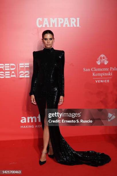 Sara Sampaio is seen at the AmfAR event during 79 Venice Film Festival at Arsenale on September 07, 2022 in Venice, Italy.