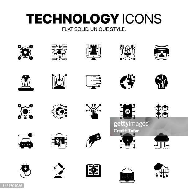 solid style technology icons. information technology symbol set. communication, device and electronics related icons - functional magnetic resonance imaging brain stock illustrations