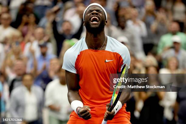 Frances Tiafoe of the United States celebrates after defeating Andrey Rublev during their Men’s Singles Quarterfinal match on Day Ten of the 2022 US...