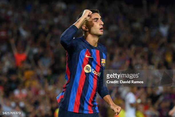 Ferran Torres of FC Barcelona celebrates after scoring their team's fifth goal during the UEFA Champions League group C match between FC Barcelona...