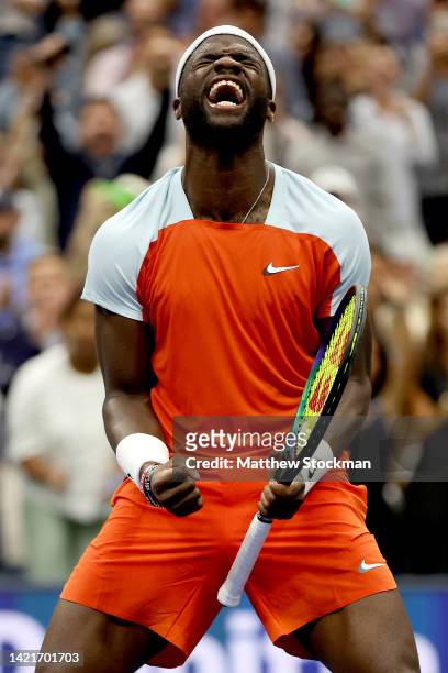 Frances Tiafoe of the United States celebrates after defeating Andrey Rublev during their Men’s Singles Quarterfinal match on Day Ten of the 2022 US...