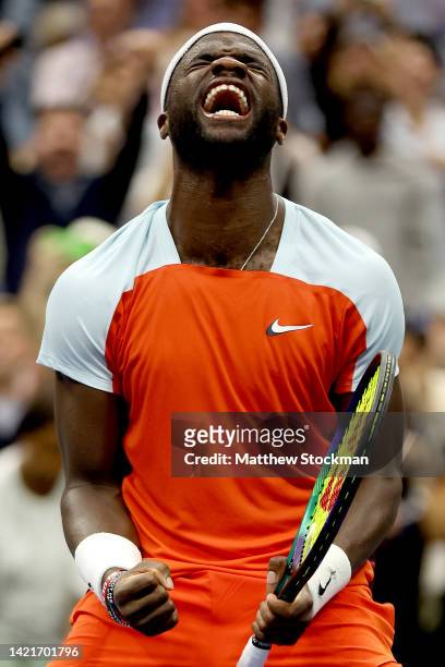 Frances Tiafoe of the United States celebrates after defeating Andrey Rublev during the Men’s Singles Quarterfinal match on Day Ten of the 2022 US...