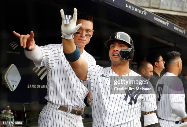 Gleyber Torres of the New York Yankees celebrates his sixth inning two run home run during game one of a doubleheader against the Minnesota Twins in...