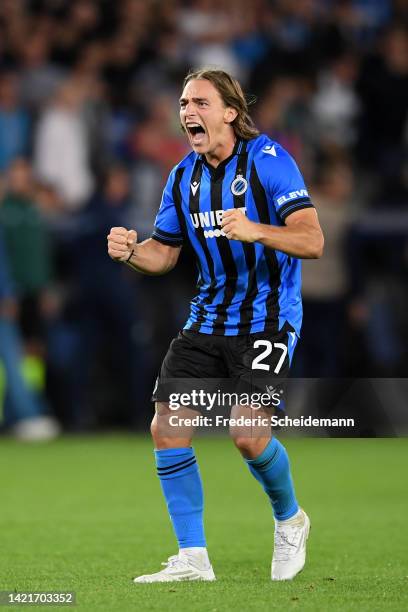 Casper Nielsen of Club Brugge celebrates victory following the UEFA Champions League group B match between Club Brugge KV and Bayer 04 Leverkusen at...