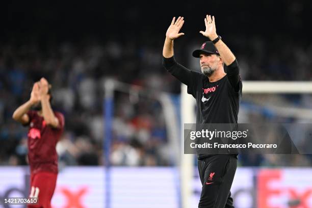 Jurgen Klopp, Manager of Liverpool acknowledges the fans after their sides defeat in the UEFA Champions League group A match between SSC Napoli and...