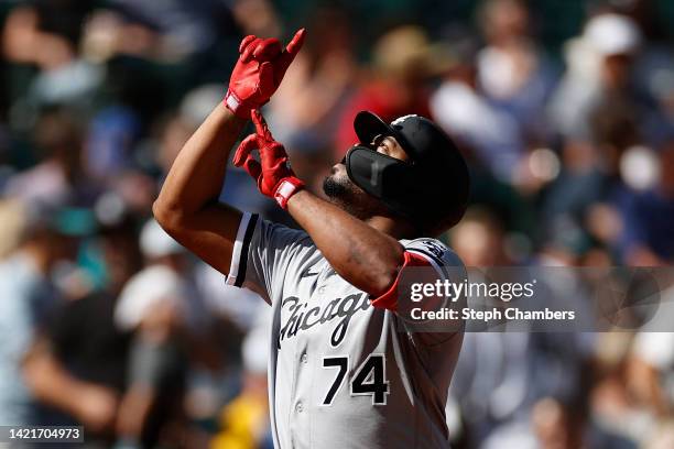 Eloy Jimenez of the Chicago White Sox reacts after his two-run home run against the Seattle Mariners during the fourth inning at T-Mobile Park on...