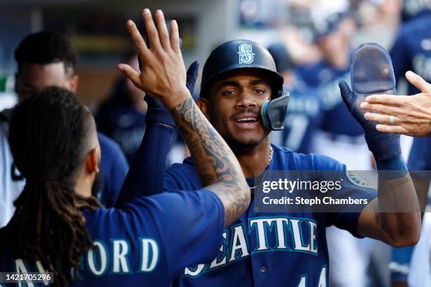 Julio Rodriguez of the Seattle Mariners reacts after a run against the Chicago White Sox during the third inning at T-Mobile Park on September 07,...