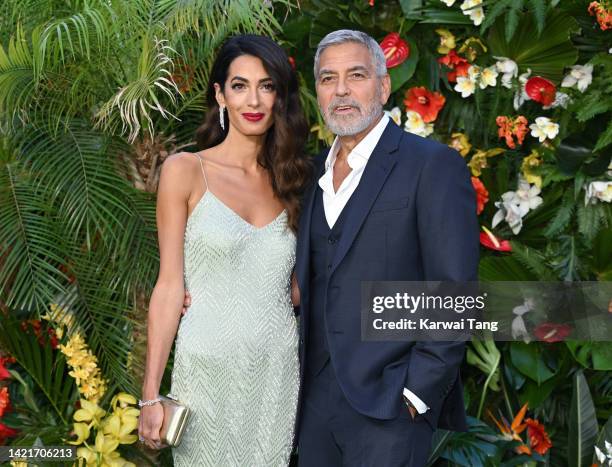 George Clooney and Amal Clooney attend the "Ticket To Paradise" World Premiere at Odeon Luxe Leicester Square on September 07, 2022 in London,...