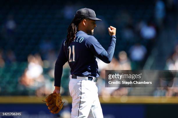 Luis Castillo of the Seattle Mariners reacts during the second inning against the Chicago White Sox at T-Mobile Park on September 07, 2022 in...