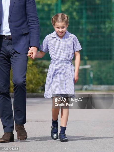 Princess Charlotte and Prince William, Duke of Cambridge arrive for a settling in afternoon at Lambrook School, near Ascot on September 7, 2022 in...