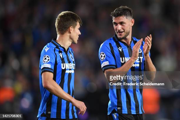 Eduard Sobol and Roman Yaremchuk of Club Brugge celebrate following their sides victory in the UEFA Champions League group B match between Club...