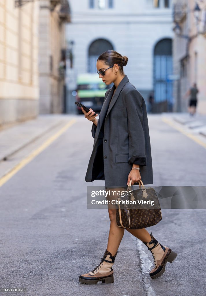 Berta Ribot wearing grey oversized blazer, Louis Vuitton bag, shorts,  News Photo - Getty Images