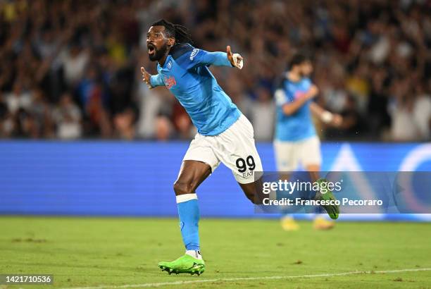 Andre-Frank Zambo Anguissa of SSC Napoli celebrates after scoring their team's second goal during the UEFA Champions League group A match between SSC...