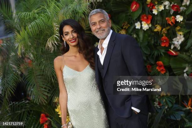 George Clooney and Amal Clooney attend the "Ticket To Paradise" World Film Premiere at Odeon Luxe Leicester Square on September 07, 2022 in London,...