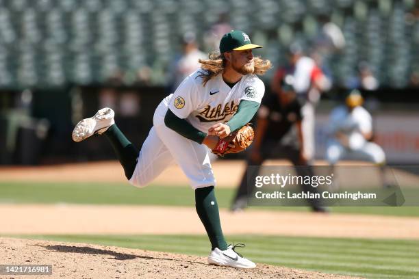 Kirby Snead of the Oakland Athletics pitches in the top of the seventh inning against the Atlanta Braves at RingCentral Coliseum on September 07,...
