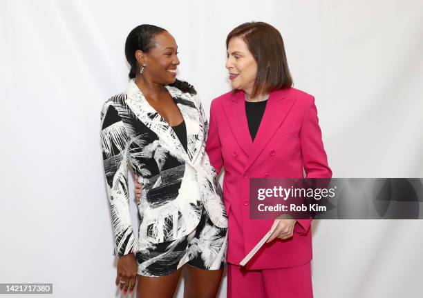 Teri Johnson and President of The Fragrance Foundation, Linda G. Levy speak at The Fragrance Foundation Media Connections Brunch at Melba's Harlem on...