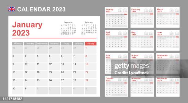 ilustraciones, imágenes clip art, dibujos animados e iconos de stock de calendario del reino unido para 2023. la semana comienza el lunes. plantilla vectorial simple. planificador de diseño de negocios. - monthly event