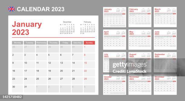 uk calendar for 2023. week starts on monday. simple vector template. business design planner. - tuesday stock illustrations