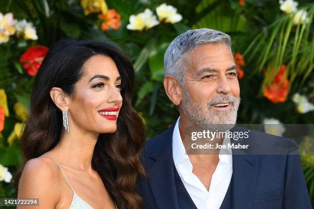 George and Amal Clooney attend the "Ticket To Paradise" World Film Premiere at Odeon Luxe Leicester Square on September 07, 2022 in London, England.