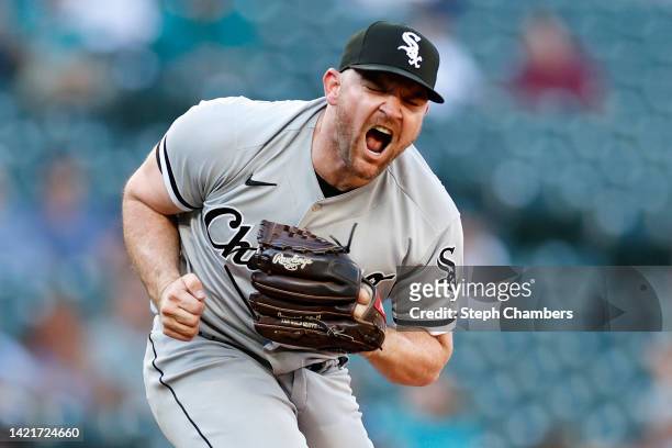 Liam Hendriks of the Chicago White Sox reacts after the final out to beat Seattle Mariners 9-6 at T-Mobile Park on September 07, 2022 in Seattle,...