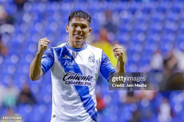 Martin Barragan of Puebla celebrates after scoring his team's second goal during the 13th round match between Puebla and Pachuca as part of the...