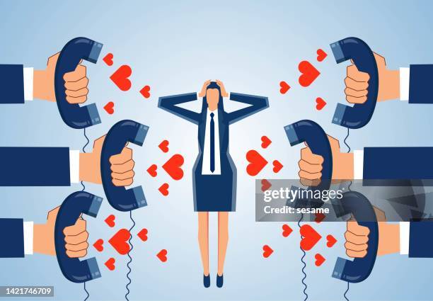 blind date calls, courtship calls, internet phone dating, harassing calls, distressed beautiful businesswoman overwhelmed by constant courtship harassment calls - blind fury stock illustrations