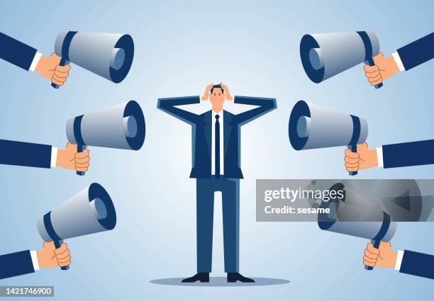 marketing strategy, media advertising message bombardment, debt or work project rush, hand holding megaphone to businessman incessantly talking and complaining - furious stock illustrations stock illustrations