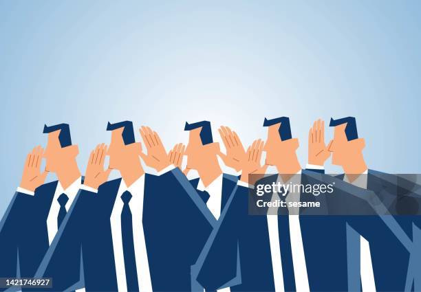 a group of businessmen passing news and gossip to each other, a group of businessmen whispering between businessmen, marketing strategy, good information between people - bad buzz stock illustrations