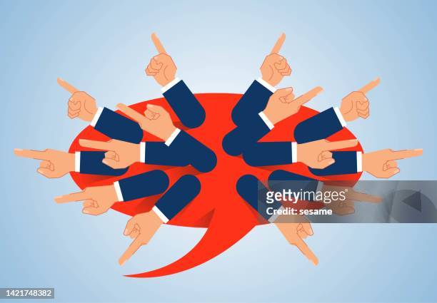 stockillustraties, clipart, cartoons en iconen met blame, strong condemnation, complaint, speech suppression, international opinion, news and political opinion, countless fingers inside speech bubble pointing around, angry insults and negative feedback - berispen