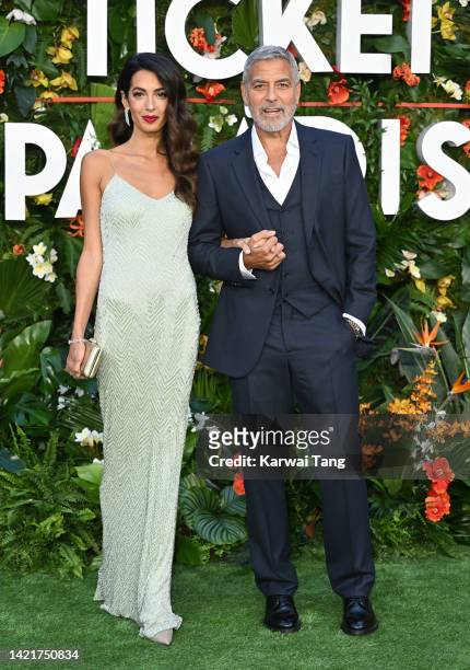 George Clooney and Amal Clooney attend the "Ticket To Paradise" World Premiere at Odeon Luxe Leicester Square on September 07, 2022 in London,...