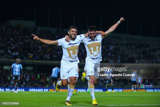 Eduardo Salvio of Pumas celebrates after scoring the first goal during the 13th round match between Pumas UNAM and Queretaro as part of the Torneo...