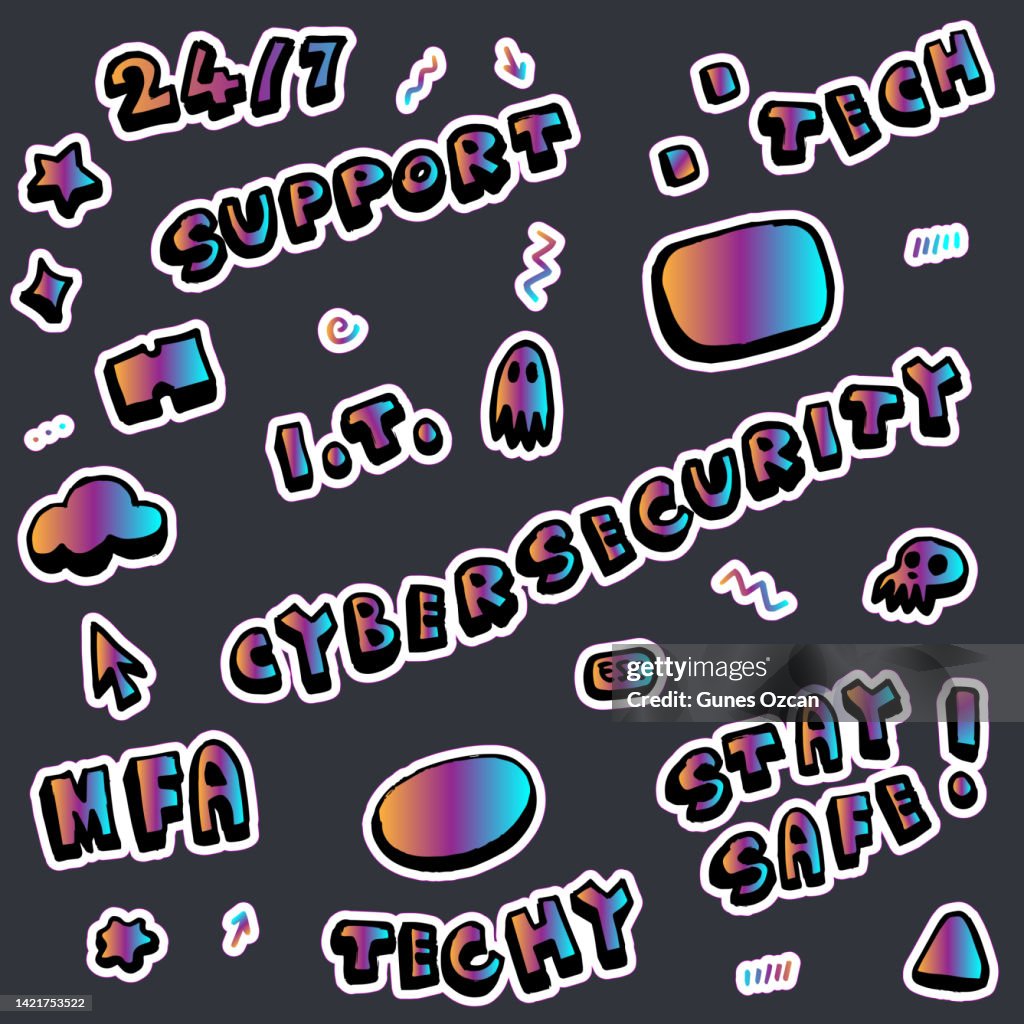 Techy Sticker Pack - Technology Icon Set - Internet Doodle Icons - Cybersecurity Awareness - 80s Effect - Trending Retrofuturistic Style Icons