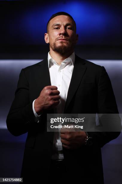 Sonny Bill Williams poses during a Sonny Bill Williams v Mark Hunt media opportunity at Nine on September 08, 2022 in Sydney, Australia.